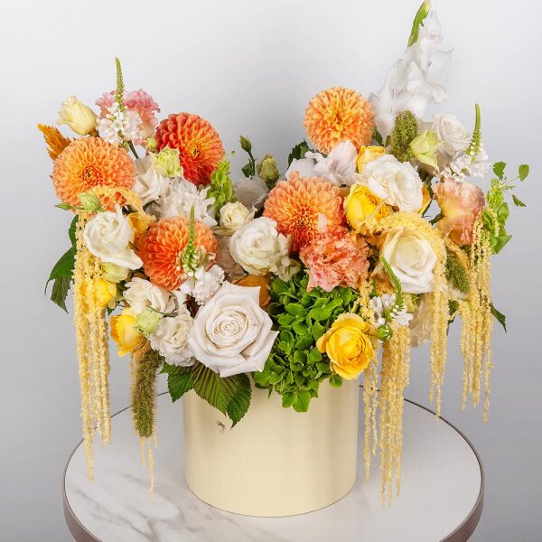 Orange Dahlia - 5, Green Hydrangea - 1, lisianthus - 4, White Gladiolus - 1, Spray rose: yellow, orange 50 cm - 4, White rose 50 cm Ecuador - 3, Round flower box medium, Oasis, Veronica spray, Astilbe, Amaranth stabilized,  Raspberry branch
