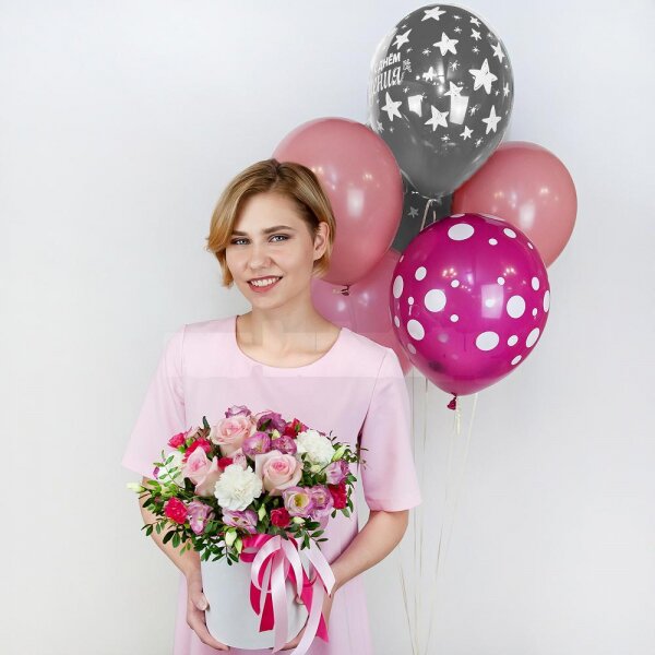 Carnation white, cream - 6, Pink rose 50 cm - 7, Pink Lisianthus (Eustoma) - 7, Pink spray carnation - 5, Round flower box small , Oasis, Film, Pistachio, Ribbon, Helium Balloon (1 pc.)