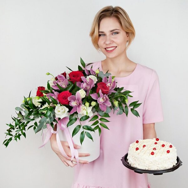 Red rose 50 cm - 11, Pink Cymbidium Orchid Bud - 11, lisianthus - 7, Round flower box medium, Film, Oasis, Eucalyptus Cinerea, Flask for orchids, Aspidistra (1 pc.), Cake in assortment, Ruscus italian, Ribbon