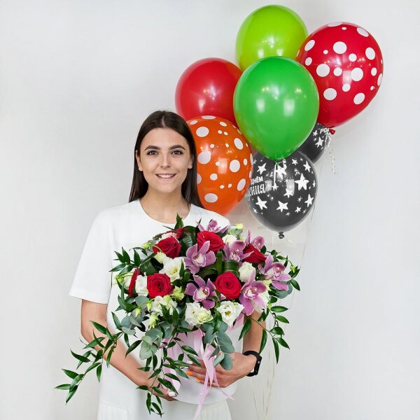 Red rose 50 cm - 11, Pink Cymbidium Orchid Bud - 11, lisianthus - 7, Round flower box medium, Film, Oasis, Eucalyptus Cinerea, Flask for orchids, Aspidistra (1 pc.), Helium Balloon (1 pc.), Ruscus italian, Ribbon