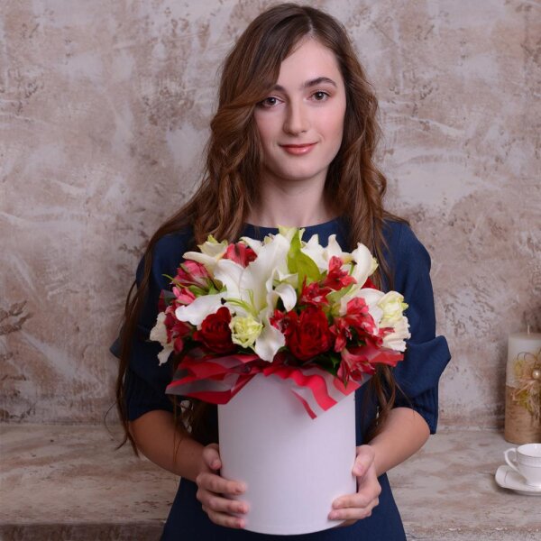 Lilies - 3, Rose 40 cm - 7, Alstromeria Red, Bright Pink - 5, lisianthus - 5, Eucalyptus Cinerea, Round flower box small , Oasis, Film, Ruscus