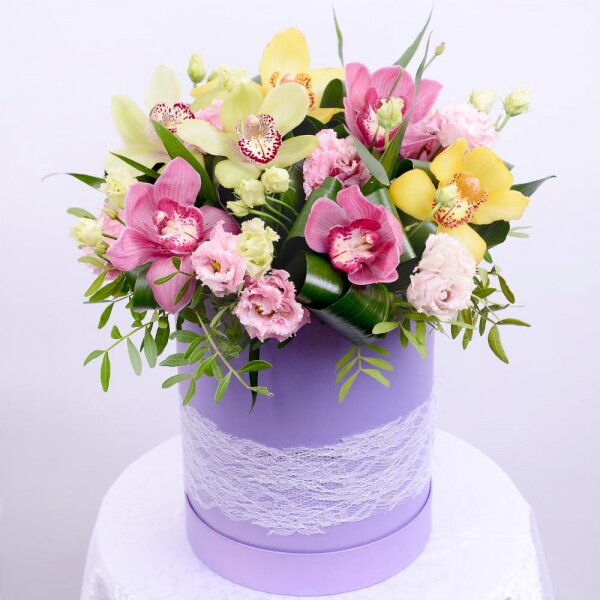 Pink Cymbidium Orchid Bud - 3, Pink Lisianthus (Eustoma) - 5, Orchid bud yellow/brown Cymbidium - 2, Green Cymbidium Orchid Bud - 2, Round flower box medium, Oasis, Aspidistra (1 pc.), Flask for orchids, Pistachio