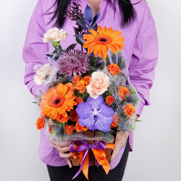 Gerbera daisies - 2, Chrysanthemum Bigoudi purple - 2, Spray rose: yellow, orange 50 cm - 3, Vanda Orchid bud - 2, Carnation white, cream - 5, Wooden pot, Oasis, Ruscus, Pistachio, Flask for orchids, Eryngium, Dried flowers decor, Decorative element small, Ribbon