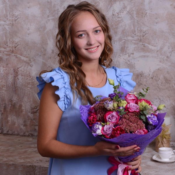 Deep Purple rose - 11, Carnation red - 4, Purple Lisianthus (Eustoma) - 5, Eucalyptus baby blue (1 pc.), Blue Statice, Felt, Ribbon, Sedum