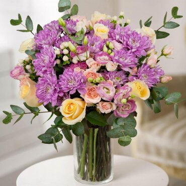 Rose Cream 50 cm - 7, lisianthus - 4, Baltica Pink Spray Chrysanthemum - 3, Spray rose 50 cm (multiple small blooms on a stem) - 3, Hypericum, Eucalyptus Cinerea, Ribbon, Wrapping Paper