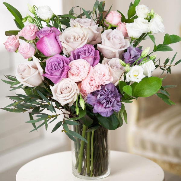 Rose Powder 50 cm Ecuador (Quicksand, Menta) - 9, Deep Purple rose - 4, Bright pink spray rose mix, 50 cm - 4, lisianthus - 3, Lilac carnation - 3, Ruscus, Eucalyptus parvifolia (1 pc.), Wrapping Paper