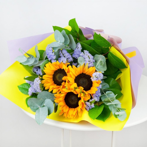 Sunflower - 5, Salal, Eucalyptus Cinerea, Blue Statice, Wrapping Paper, Ribbon