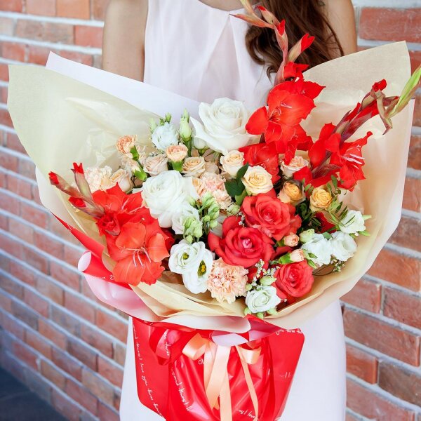 White rose 50 cm - 3, Red rose Nina 50 cm - 3, Spray rose: white, cream, light pink 50 cm - 4, lisianthus - 3, Pink carnation - 4, Red Gladiolus - 4, Limonium (1 pc.), Wrapping Paper