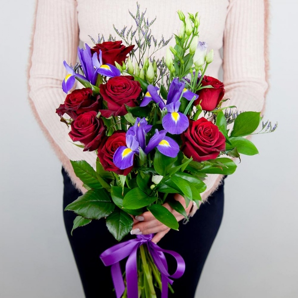 Purple Lisianthus (Eustoma) - 6, Red rose 50 cm - 15, Irises - 6, Limonium (1 pc.), Ruscus, Ribbon