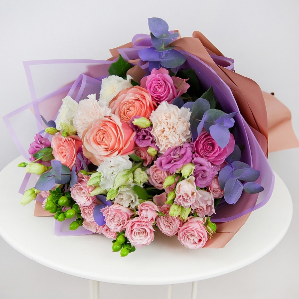 Peony rose Kahala 50 cm - 5, Pink rose 50 cm - 5, lisianthus - 2, Bright pink spray rose mix, 50 cm - 4, Pink carnation - 5, White rose 50 cm - 3, Pink Lisianthus (Eustoma) - 2, Hypericum, Eucalyptus Cinerea, Wrapping Paper
