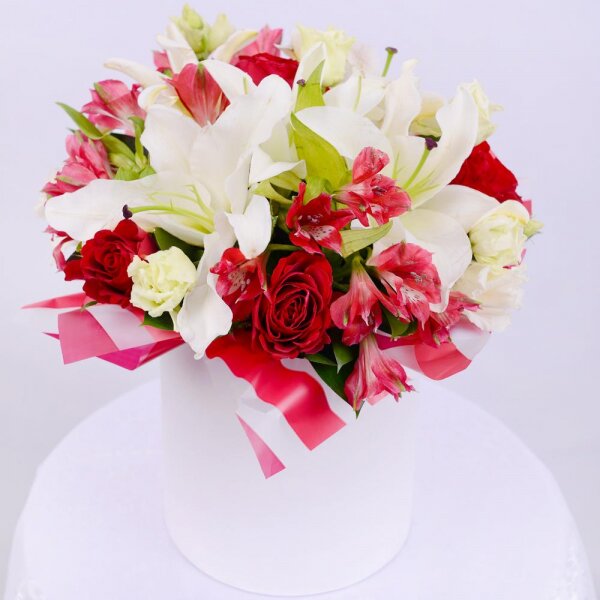 Lilies - 3, Rose 40 cm - 7, Alstromeria Red, Bright Pink - 5, lisianthus - 5, Eucalyptus Cinerea, Round flower box small , Oasis, Film, Ruscus