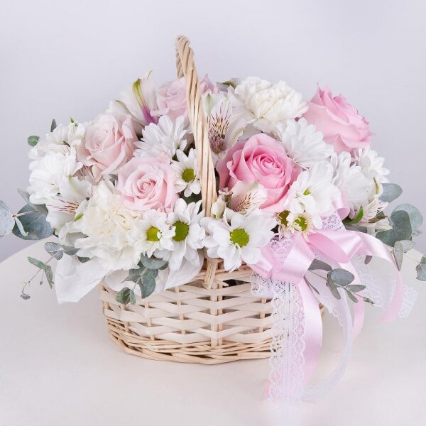Pink rose 50 cm - 5, Carnation white, cream - 3, Alstromeria white, soft pink - 2, Bacardi White Spray Chrysanthemum - 3, Small Basket, Oasis, Eucalyptus Cinerea, Wrapping Paper