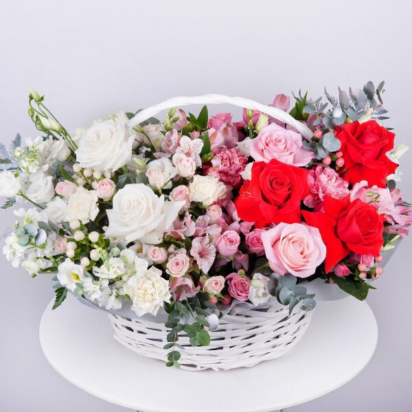 Pink rose 50 cm - 6, White rose 50 cm Ecuador - 5, Carnation white, cream - 4, Bright pink spray rose mix, 50 cm - 8, Alstromeria white, soft pink - 8, White Matthiola - 3, lisianthus - 8, Red rose Nina 50 cm - 5, Pink carnation - 4, Large Basket, Oasis, Eucalyptus Cinerea, Fern (1 pc.), Hypericum