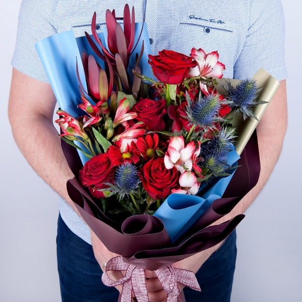 Alstromeria Red, Bright Pink - 3, Red rose 50 cm - 7, Bacardi Red Spray Chrysanthemum - 3, Leukodendron, Eryngium, Wrapping Paper, Ribbon