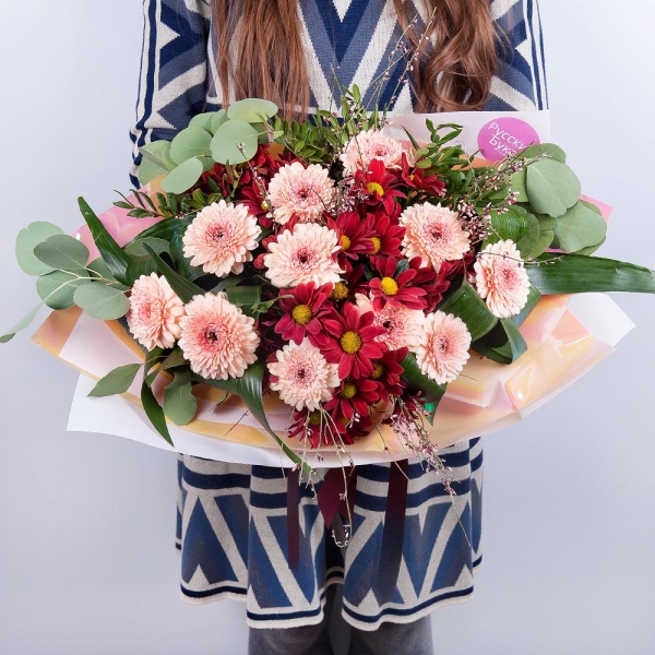Gerbera pink - 17, Bacardi Red Spray Chrysanthemum - 5, Aspidistra (1 pc.), Eucalyptus Cinerea, Pistachio, Genista, Wrapping Paper, Ribbon