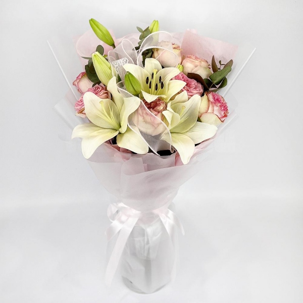 Peony style roses - 11, Lilies - 4, Eucalyptus, Wrapping Paper