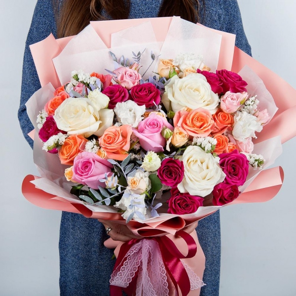 White rose 50 cm - 7, Pink rose 50 cm - 5, Spray rose: white, cream, light pink 50 cm - 4, lisianthus - 2, Bright pink spray rose mix, 50 cm - 4, Spray rose: yellow, orange 50 cm - 3, White statice, Pistachio, Wrapping Paper