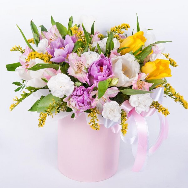 Tulip white - 4, Alstromeria white, soft pink - 3, White spray carnation - 2, Yellow tulip - 2, Lilac tulip - 3, Round flower box small , Oasis, Pistachio, Solidago (1 pc.), Ribbon