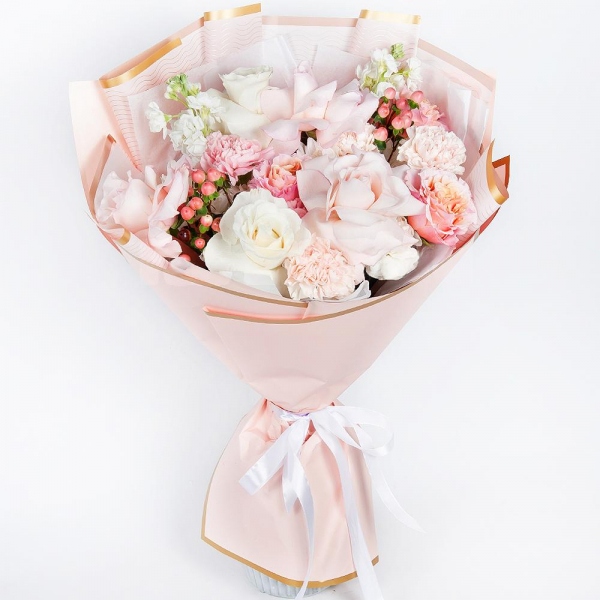 Rose Pink 50 cm Ecuador (Chelo, Hermosa, Novia, Titanik, Engagement, Pink Mondiale) - 4, White rose 50 cm Ecuador - 3, Peony rose Kahala 50 cm - 4, Pink carnation - 5, White Matthiola - 4, Baltica White Spray Chrysanthemum - 2, Carnation white, cream - 4, Hypericum, Wrapping Paper, Ribbon