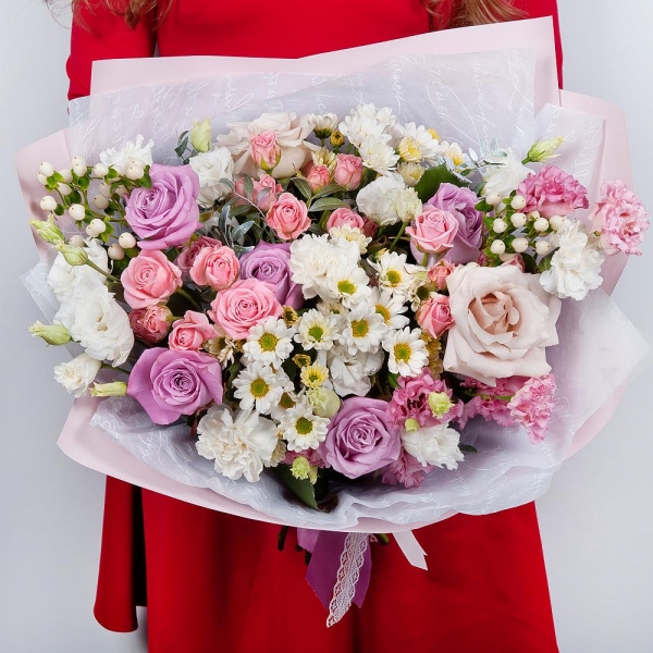 lisianthus - 2, Santini White Spray Chrysanthemum - 5, Pink rose 50 cm - 9, Rose Powder 50 cm Ecuador (Quicksand, Menta) - 2, Carnation white, cream - 8, Bright pink spray rose mix, 50 cm - 4, Pink Lisianthus (Eustoma) - 2, Hypericum, Pistachio, Wrapping Paper