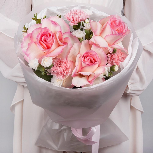 Rose Esperance - 3, Pink carnation - 2, White spray carnation - 5, Wrapping Paper