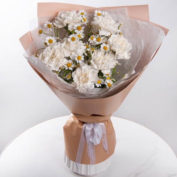 Carnation white, cream - 9, Chamomile - 2, Wrapping Paper