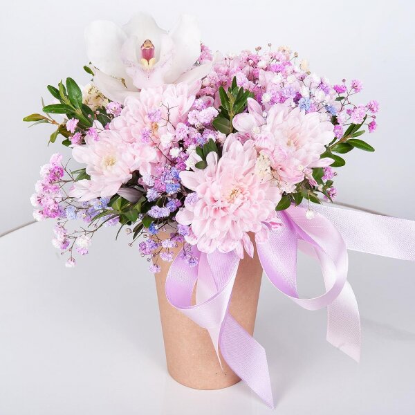 Baltica Pink Spray Chrysanthemum - 2, Colored gypsophila - 2, White Cymbidium Orchid Bud - 1, Cardboard pot (cup), Oasis, Pistachio, Flask for orchids, Ribbon