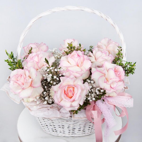Rose Esperance - 15, Gypsophila - 3, Medium Basket, Pistachio, Oasis, Wrapping Paper