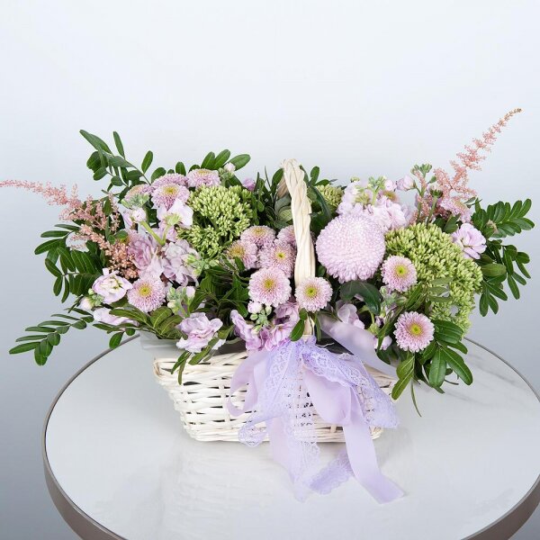 Momoko Chrysanthemum - 1, Spray Chrysanthemum Newton purple - 2, Matthiola Lilac - 2, Small Basket, Oasis, Sedum, Astilbe, Pistachio, Ribbon