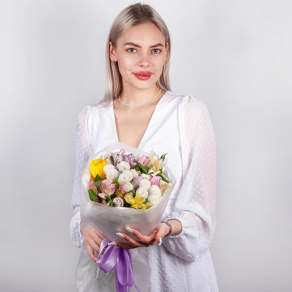 Newton White Spray Chrysanthemum - 2, Alstromeria white, soft pink - 2, Lilac tulip - 5, Alstromeria Yellow, Orange - 1, Alstromeria lilac, purple - 1, Pink tulip - 5, Yellow tulip - 3, Wrapping Paper