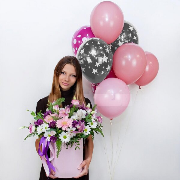Gerbera pink - 3, White Cymbidium Orchid Bud - 6, Purple Lisianthus (Eustoma) - 4, Alstromeria lilac, purple - 3, Bacardi White Spray Chrysanthemum - 3, Round flower box medium, Oasis, Film, Ambrella, Aspidistra (1 pc.), Flask for orchids, Ruscus, Pistachio, Ribbon, Helium Balloon (1 pc.)