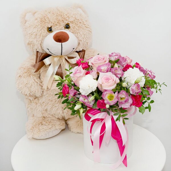 Carnation white, cream - 4, Pink Lisianthus (Eustoma) - 7, Pink spray carnation - 4, Pink rose 50 cm - 4, Round flower box small , Oasis, Film, Pistachio, Ribbon, Taddy Bear 45 cm
