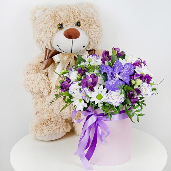 Vanda Orchid bud - 2, Alstromeria lilac, purple - 3, Bacardi White Spray Chrysanthemum - 4, Purple Lisianthus (Eustoma) - 3, Round flower box small , Oasis, Film, Flask for orchids, Aspidistra (1 pc.), Pistachio, Ribbon, Taddy Bear 45 cm