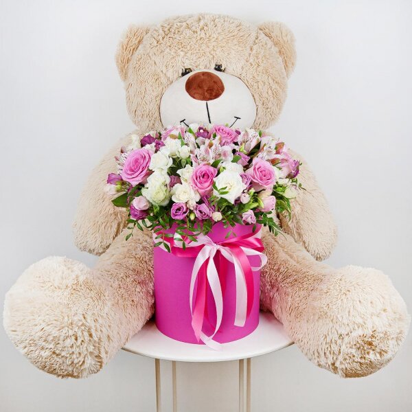 Pink rose 50 cm - 12, Alstromeria white, soft pink - 6, Spray rose: white, cream, light pink 50 cm - 11, Pink Lisianthus (Eustoma) - 6, Round flower box medium, Oasis, Film, Pistachio, Teddy bear 90 cm, Ribbon