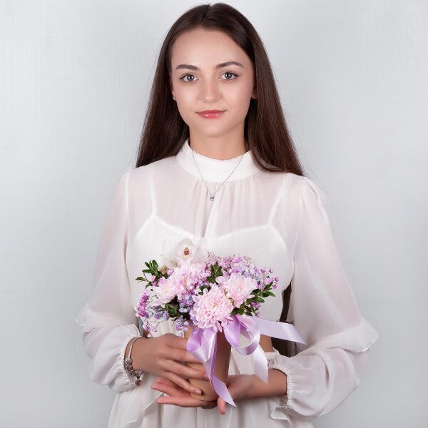 Baltica Pink Spray Chrysanthemum - 1, Colored gypsophila - 1, White Cymbidium Orchid Bud - 1, Cardboard pot (cup), Oasis, Pistachio, Flask for orchids, Ribbon