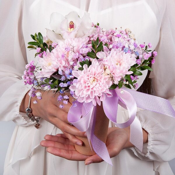 Baltica Pink Spray Chrysanthemum - 1, Colored gypsophila - 1, White Cymbidium Orchid Bud - 1, Cardboard pot (cup), Oasis, Pistachio, Flask for orchids, Ribbon