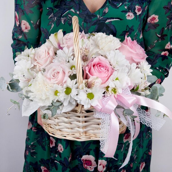 Pink rose 50 cm - 5, Carnation white, cream - 3, Alstromeria white, soft pink - 2, Bacardi White Spray Chrysanthemum - 3, Small Basket, Oasis, Eucalyptus Cinerea, Wrapping Paper