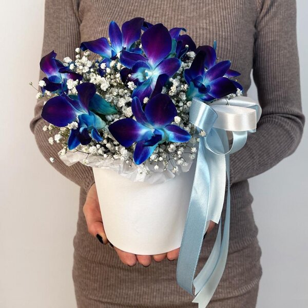 Gypsophila - 3, Orchid Dendrobium - 9, Flask for orchids, Oasis, Round flower box small , Ribbon